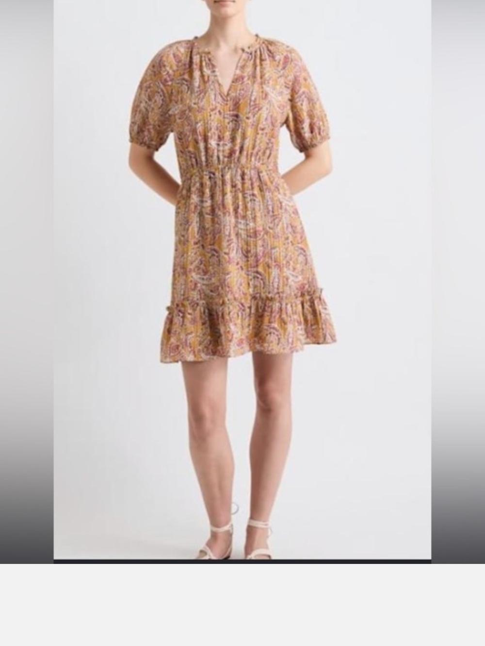 RW&CO. Paisley Short Sleeve Smocked Waist Mini Dress - Peach Multi